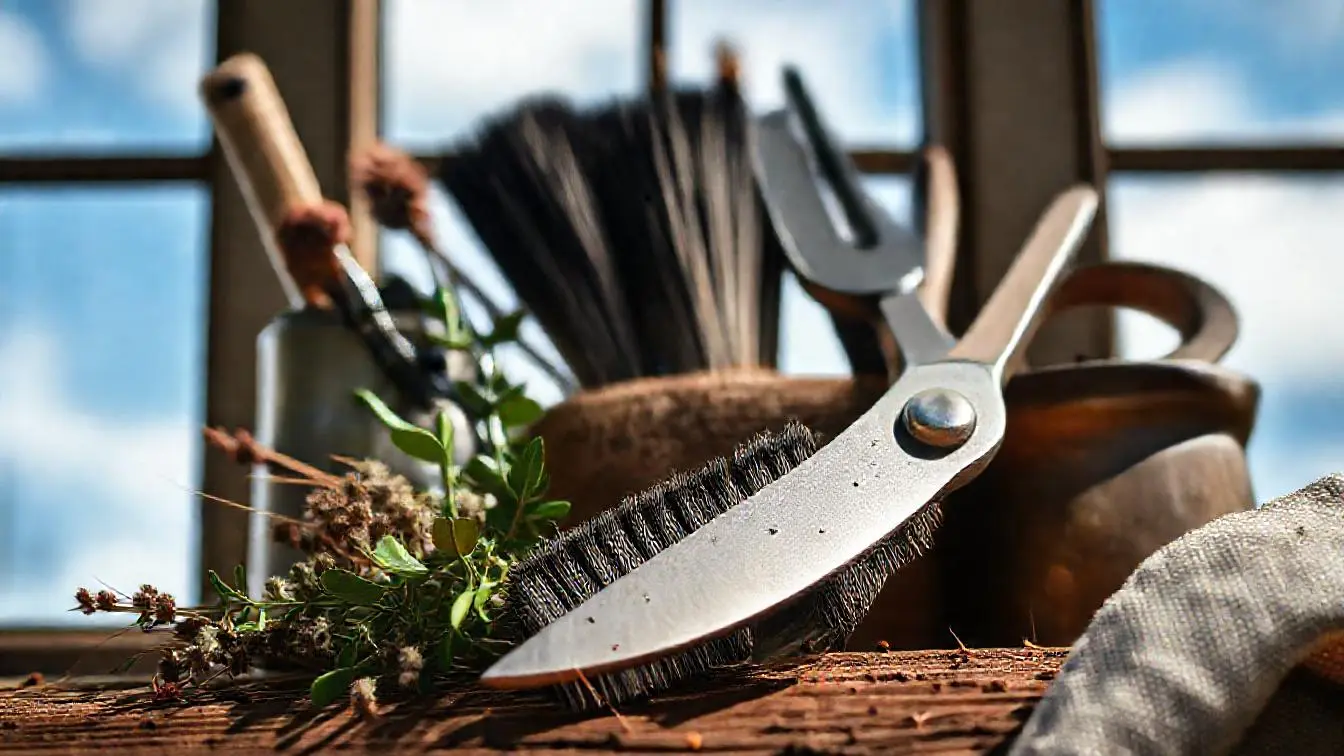 Verschiedene Handwerkzeuge für das Hochbeet liegen neben Bürste, Lappen und Pflegeöl bereit zum Reinigen