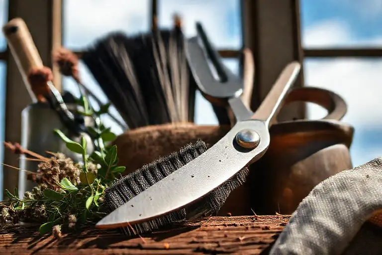 Verschiedene Handwerkzeuge für das Hochbeet liegen neben Bürste, Lappen und Pflegeöl bereit zum Reinigen