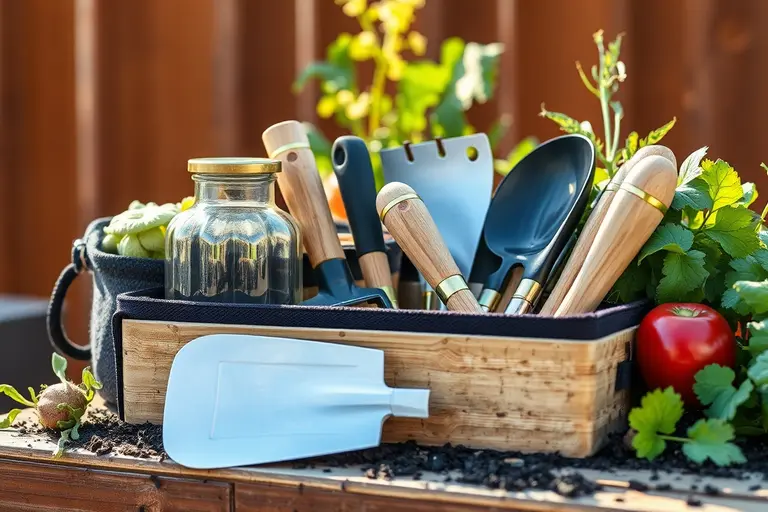 Kompaktes Gartenwerkzeug-Set mit Pflanzkelle, Handgrubber und Gartenschere in einer robusten Stofftasche am Rand eines Holz-Hochbeets