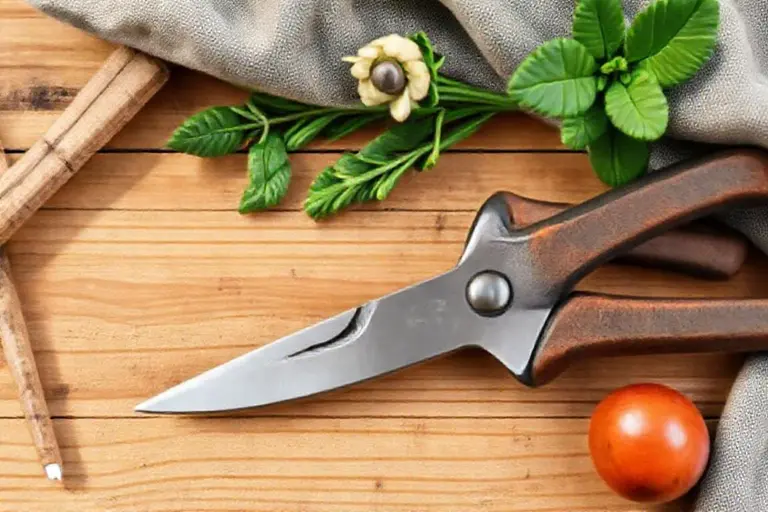 Kompakte Gartenschere mit feiner, gerader Spitze liegt neben frisch geschnittenen Kräutern auf dem Holzrand eines Hochbeets