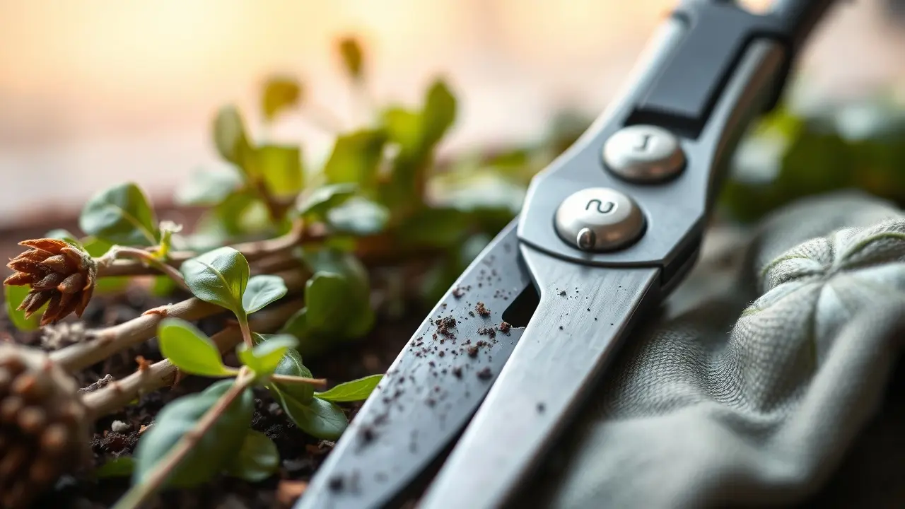 Gartenschere und Erntemesser liegen neben einem Tuch und einer Flasche Reinigungsalkohol auf einem Holztisch am Hochbeet