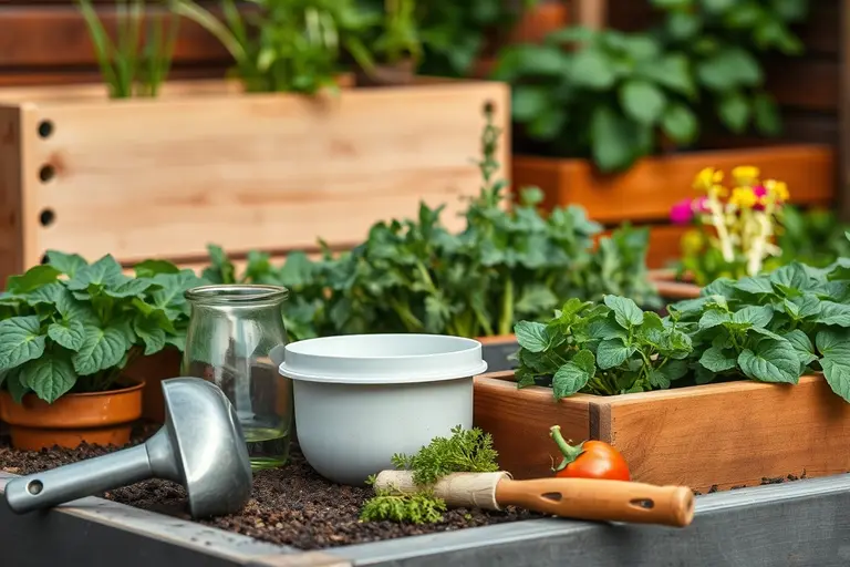 Junge Gemüsepflanzen und kompaktes Gartenwerkzeug zum Pflanzen und Säen auf lockerer Hochbeeterde