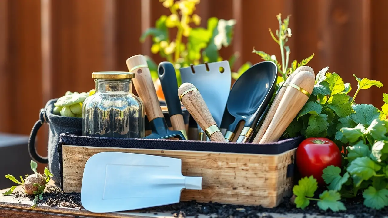 Kompaktes Gartenwerkzeug-Set mit Pflanzkelle, Handgrubber und Gartenschere in einer robusten Stofftasche am Rand eines Holz-Hochbeets