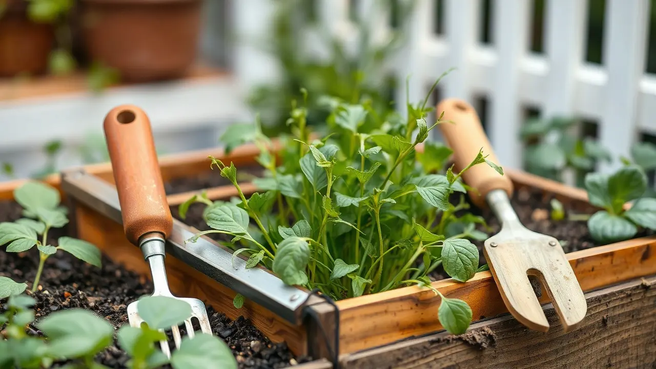 Hände stechen mit einem schmalen Handwerkzeug tief in die lockere Erde eines Hochbeets, um ein Wurzelunkraut samt Wurzelwerk auszuhebeln