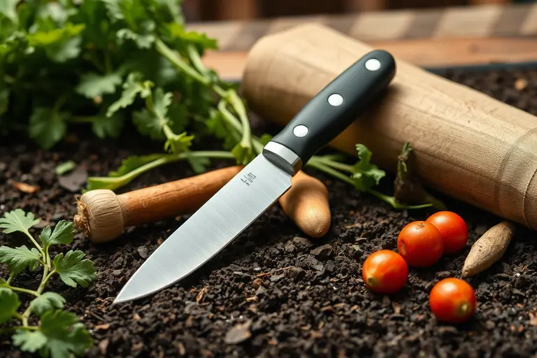 Kompaktes Gartenmesser und feine Schere liegen neben frisch geerntetem Gemüse auf dem Rand eines Hochbeets