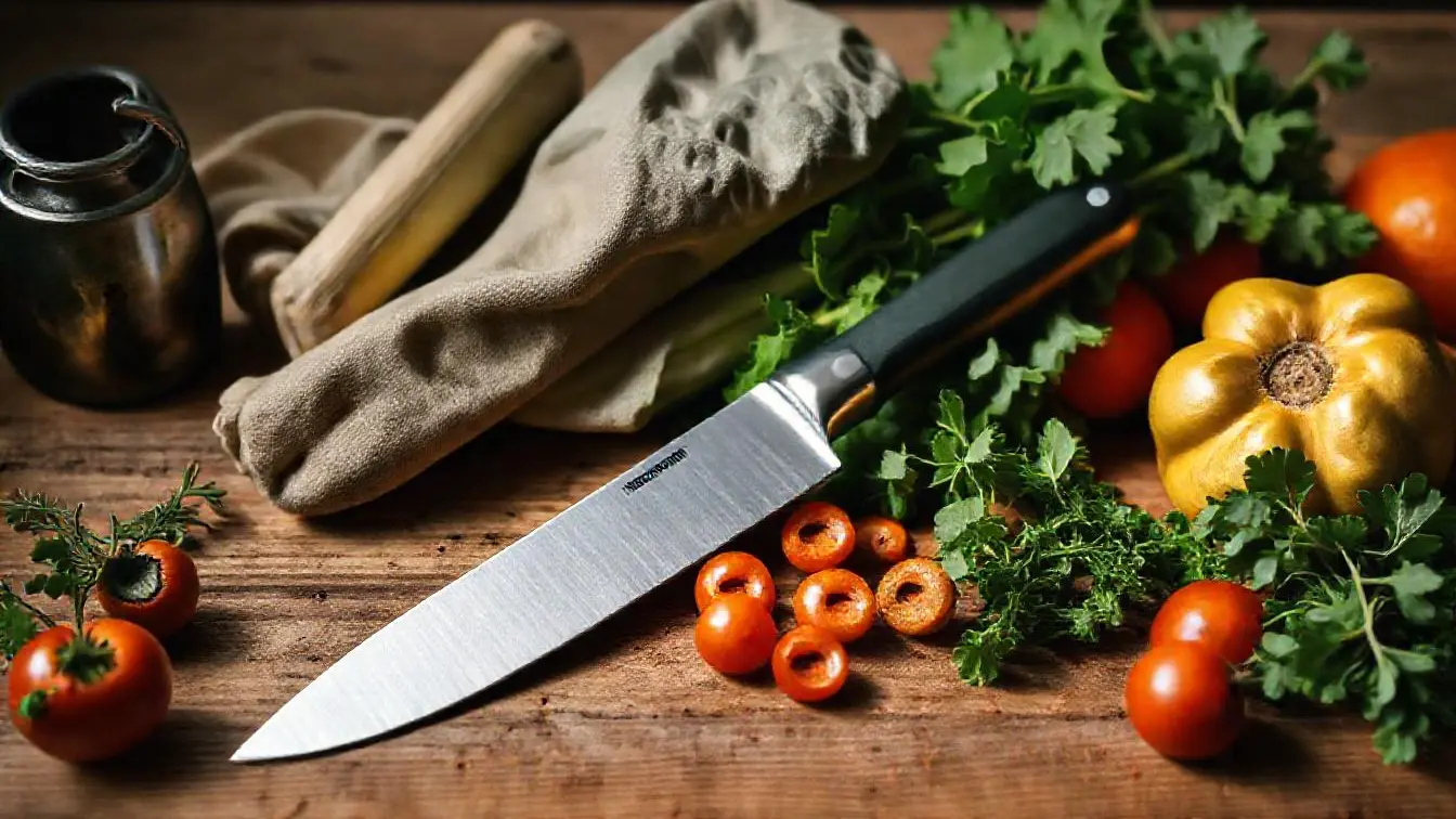 Kompaktes Erntemesser für Gemüse liegt neben frisch geschnittenem Erntegut auf dem Holzrand eines Hochbeets